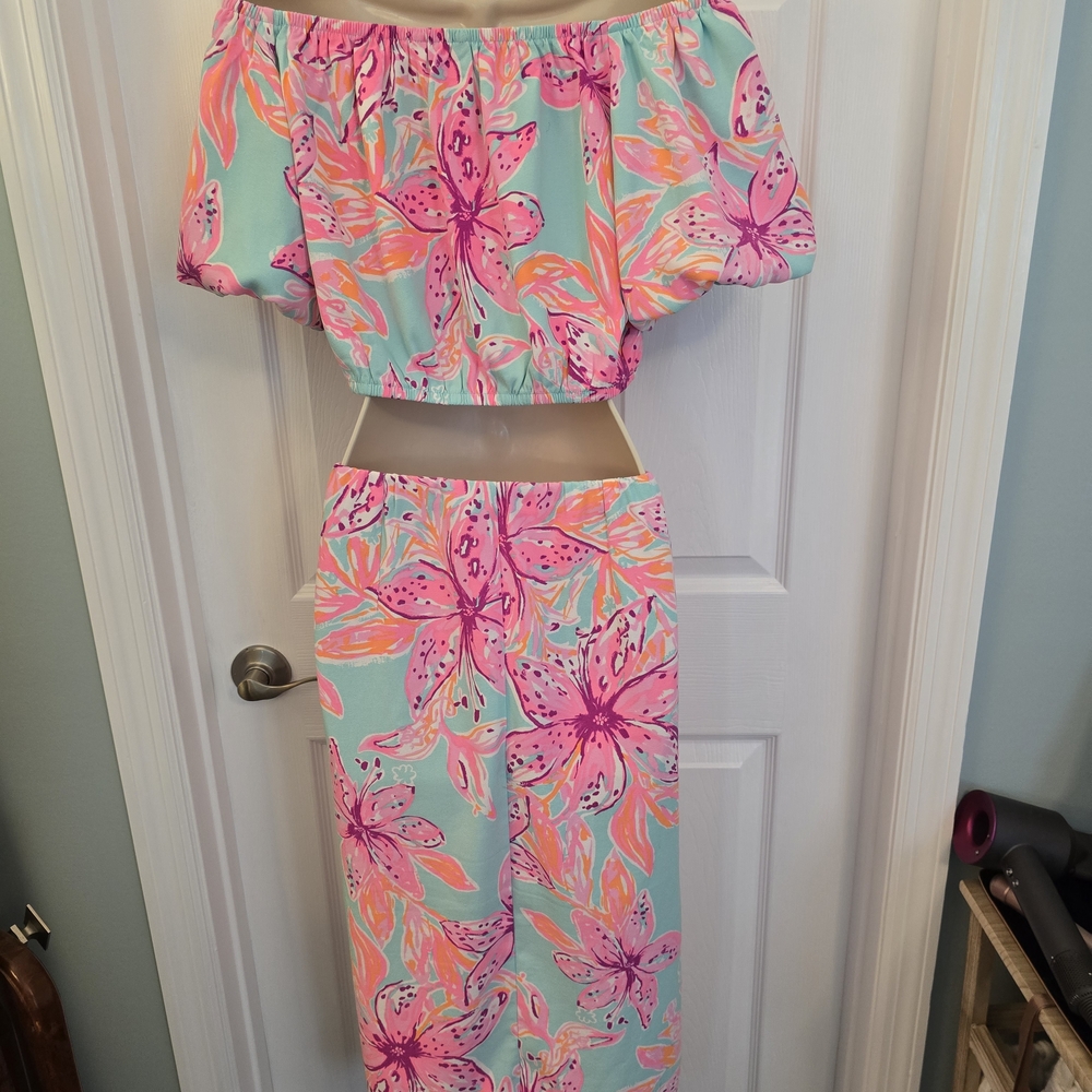 Lilly Pulitzer Aqua Floral Maxi Dress with Pink & Coral Blooms - Picture 10 of 11